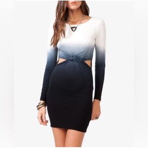 FOREVER 21 White/Blue Knot-Front Cut-Out Dress, Above Knee, Long Sleeve